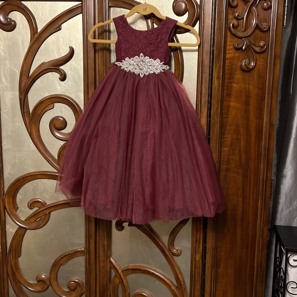 Burgundy Formal Dress With Heart Cutout Back- Girls